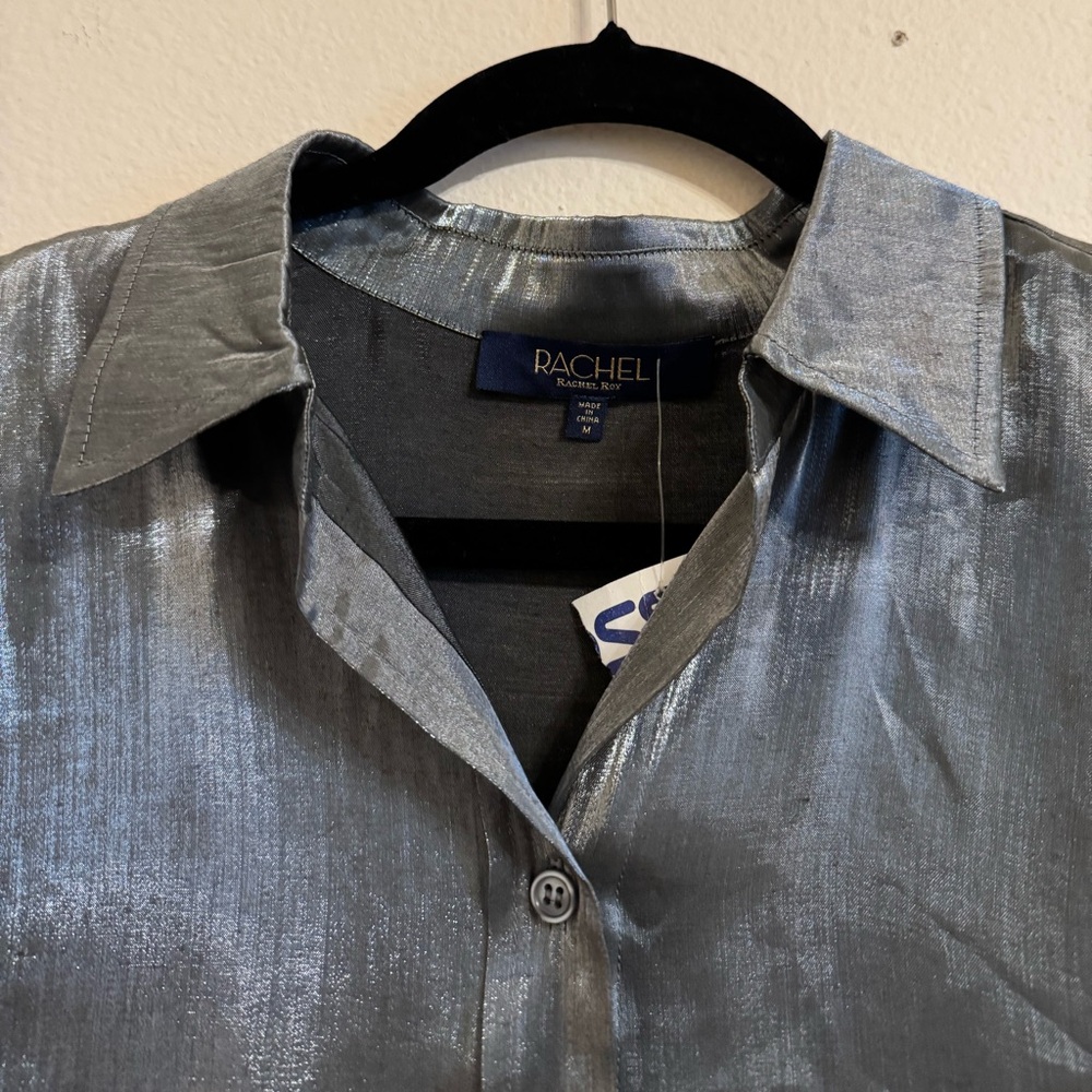 Rachel Roy Shirt Silver Metallic Button-Down Long Sleeves Shirt M Gray - Picture 4 of 15